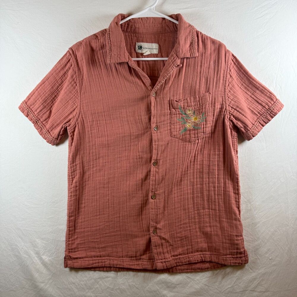 Aeropostale Gauze Cotton Camp Shirt Terracotta Embroidered Pocket